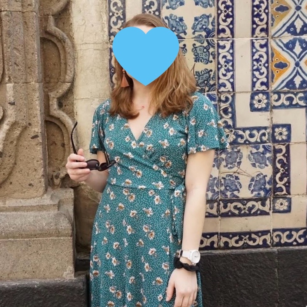 SOLD! Green Floral faux wrap Dress